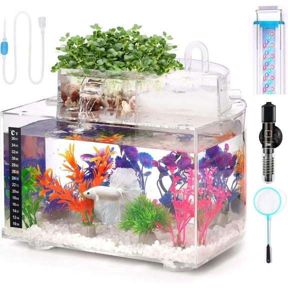 Betta Fish Tank Kit, 2.5 Gallon Aquarium Self-Cleaning with LED Light, Filter, Heater, Decorations and Accessories - Ideal for Hydroponic Growing System and Aquaponics