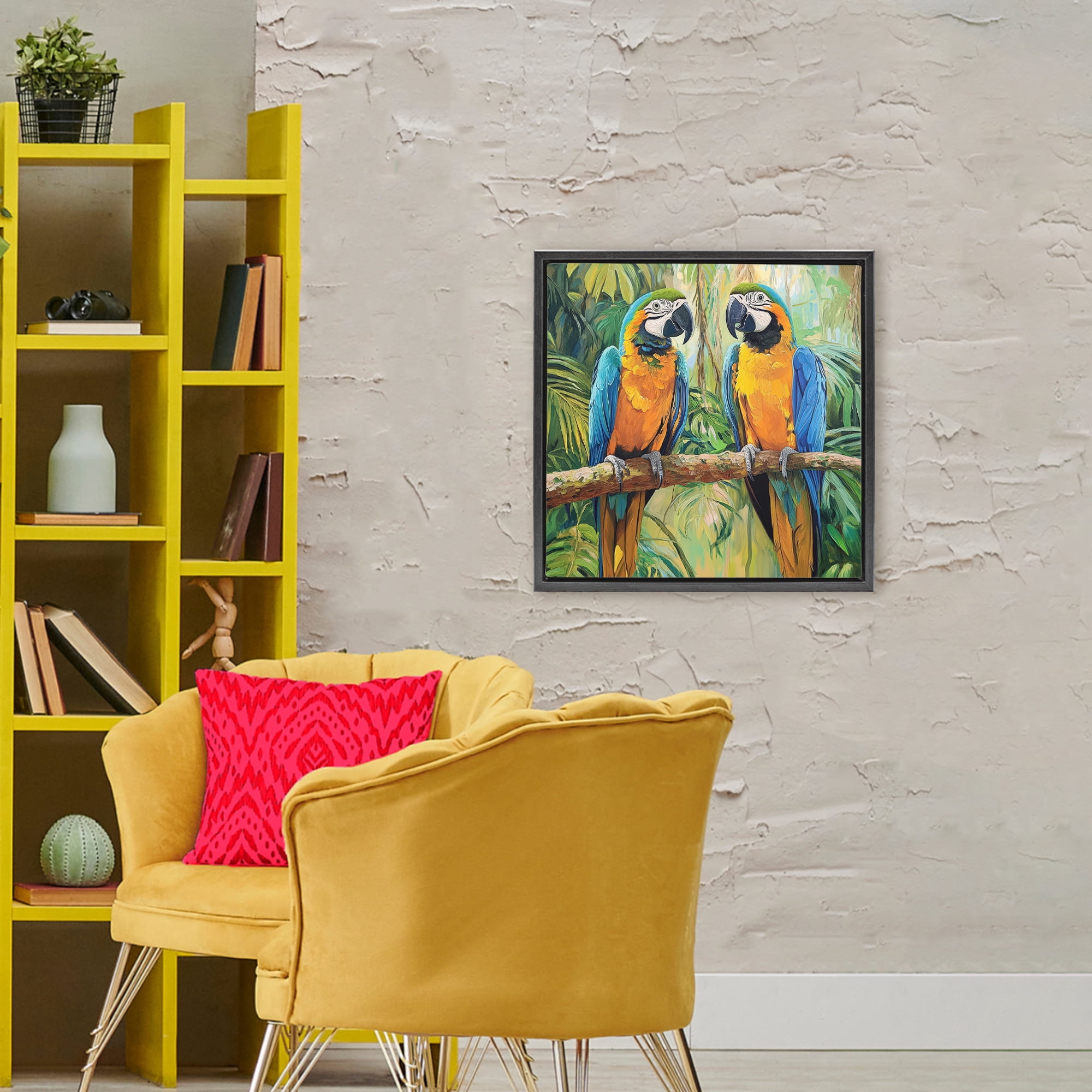 Stupell Industries Two Macaws Among Foliage Black Framed Floater Canvas Wall Art, design by Petal Prints Design