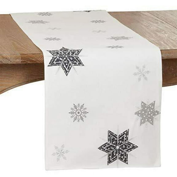Fennco Styles Holiday Embroidered Snowflake Table Runner 16" W x 70" L - White Festive Table Cover for Home Décor, Banquet, Family Gathering, Christmas and Special Occasion