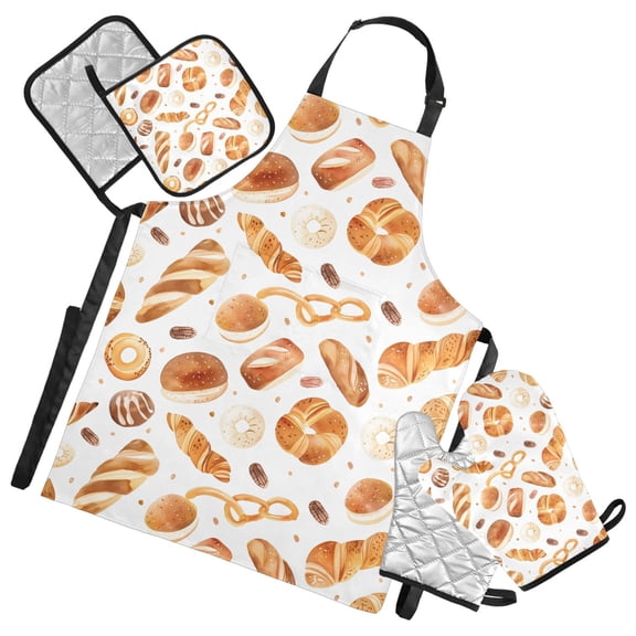 Watercolor Cartoon Bread 5 Pcs Kitchen Set Heat Resistant Oven Mitts and Non-Slip Pot Holders with Adjustable Cooking Apron
