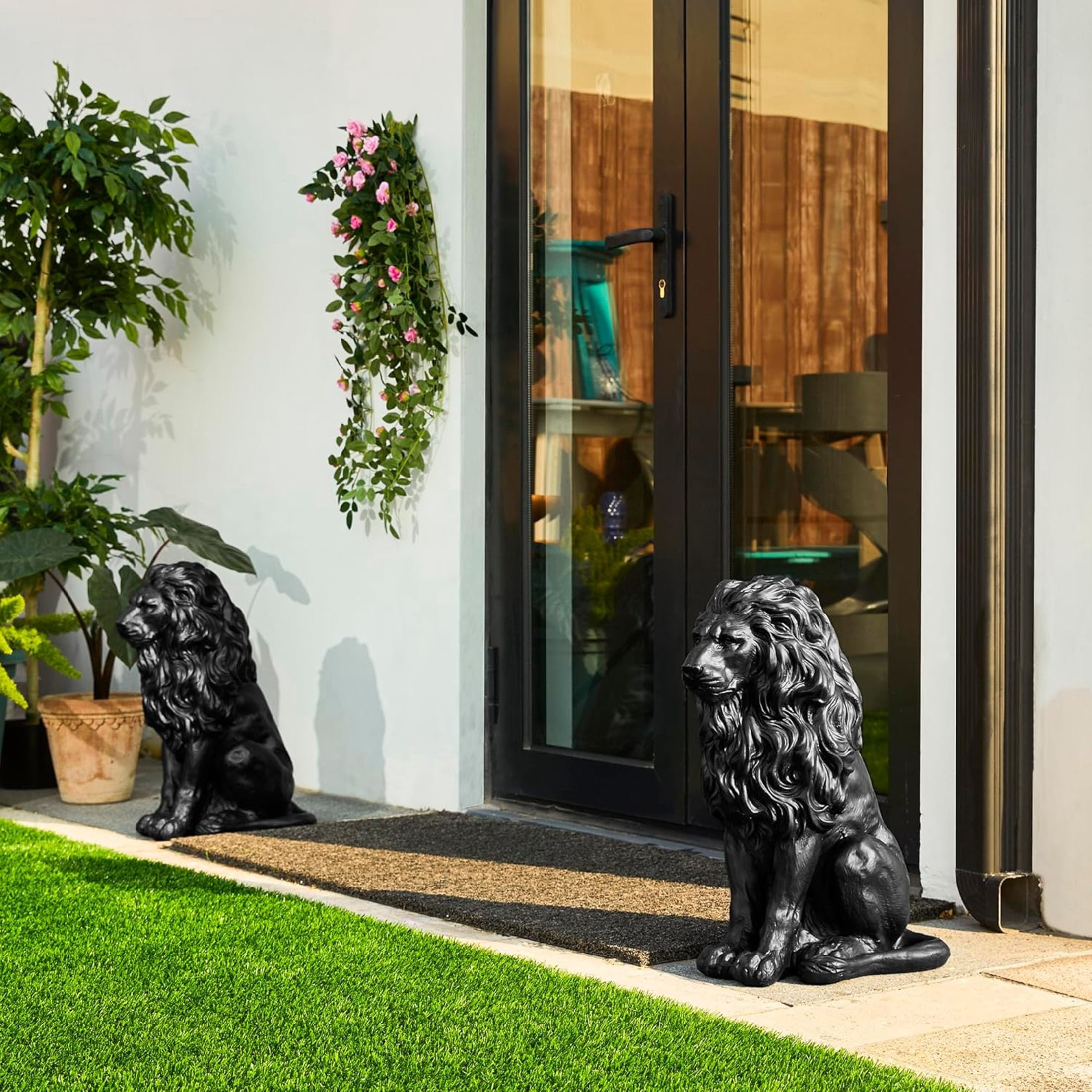GDF Studio Black Lion Resin Indoor/Outdoor Guardian Statue, Weather-Resistant Decor Figurine for Garden & Courtyard