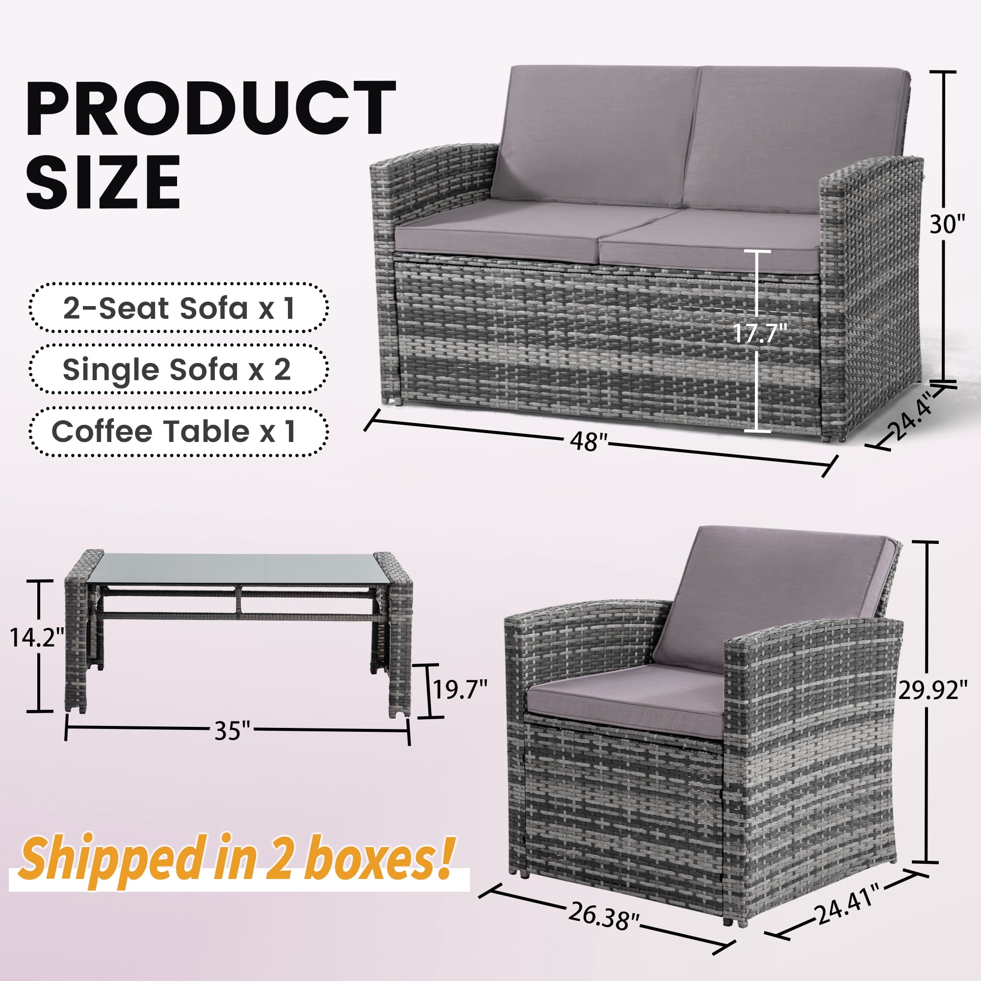 TUAREX Outdoor 4 Piece Wicker Patio Furniture Set, Waterproof Rattan Sectional Sofa with Thick Cushions, Perfect for Patio, Garden, Porch & Backyard, Grey Rattan and Light Grey Cushion