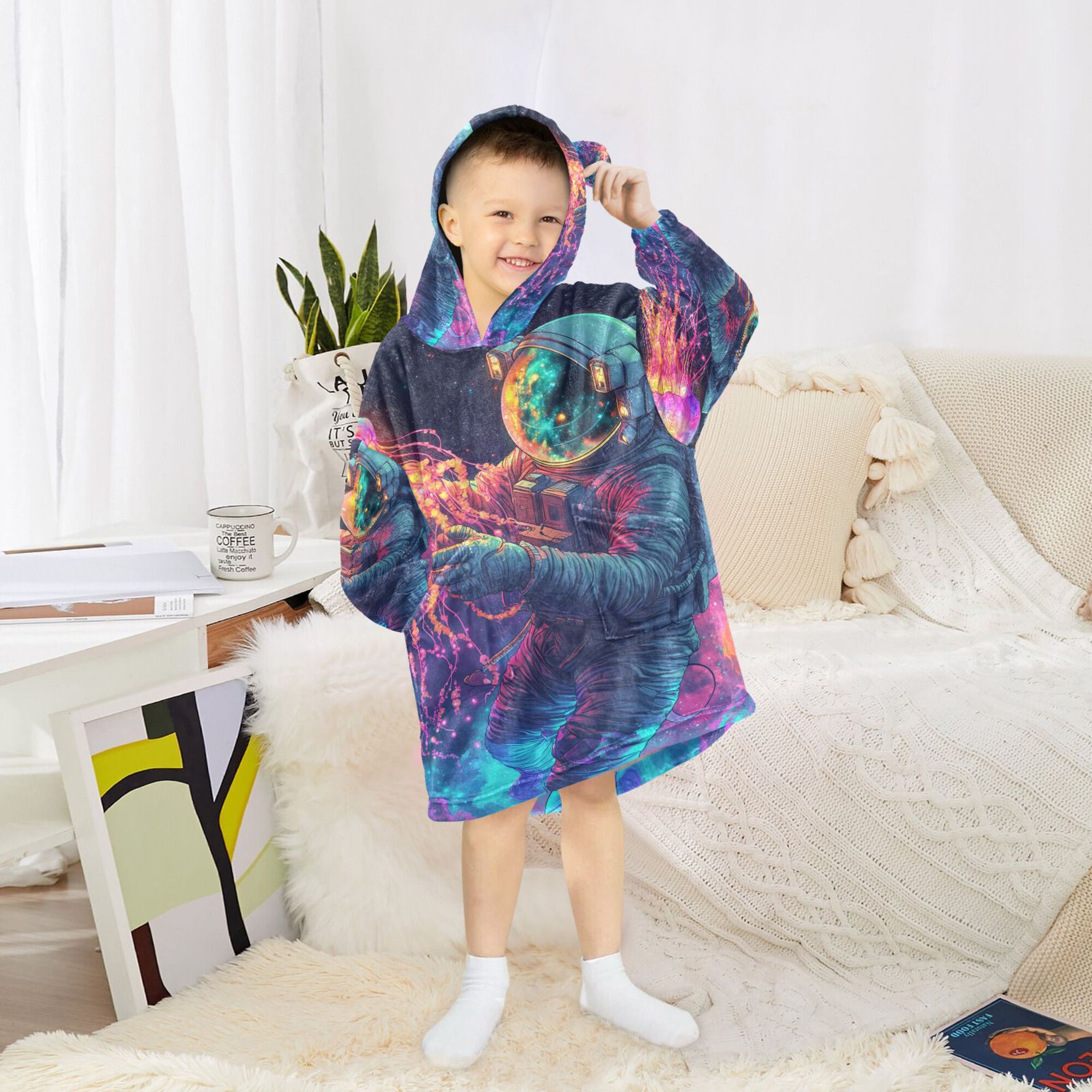 FORMRS Wearable Blanket Hoodie with Sleeves for Kids Cozy Flannel Sweatshirt, Space Astronaut