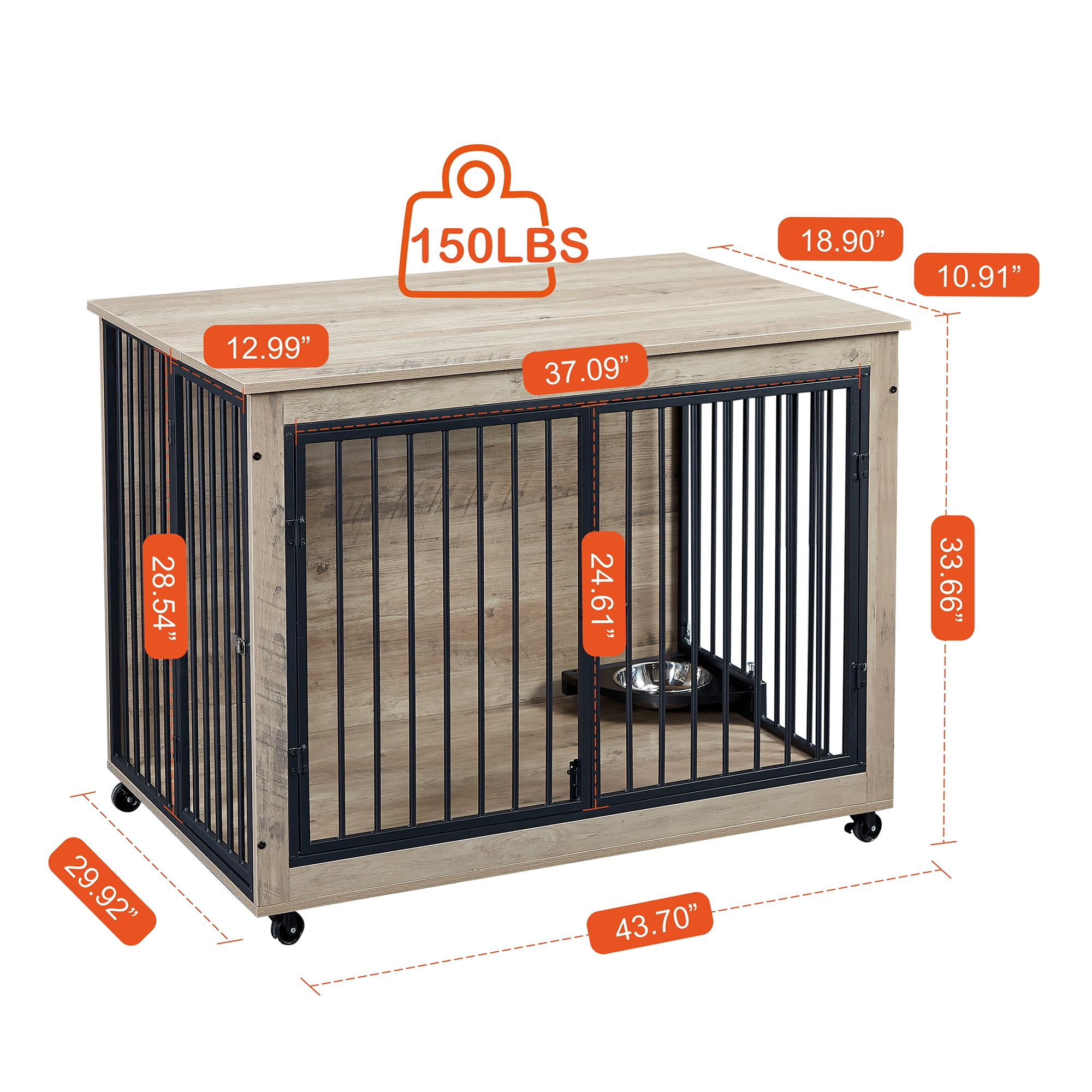 Pefilos 43" Furniture Style Dog Crate with Rotatable Feeding Bowl, Wheels, Three Doors Kennel, Indoor Dog Cage Flip-Up Top Opening, Gray Pefilos 43" Furniture Style Dog Crate with Rotatable Feeding Bowl, Wheels, Three Doors Kennel, Indoor Dog Cage Flip-Up Top Opening, Gray