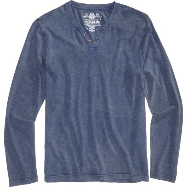 American Rag - Camiseta básica con cuello dividido y lavado ácido para hombre, azul, talla mediana American Rag Camiseta básica