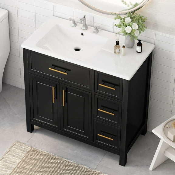 Euroco Left Side Ceramic Sink Bathroom Vanity with Solid Wood Cabinet, 3 Drawers and 2 Doors, Painted Finish, Gold Handles, 8-Inch Faucet Compatible