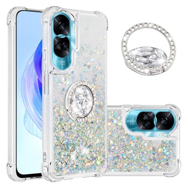 Funda para Honor 90 Lite 5G con Brillo Líquido Flotante, Purpurina, Parachoques y Anillo Giratorio Soporte