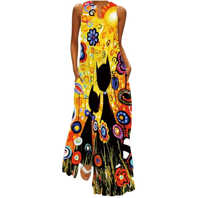 EQWLJWE Robes d'Été pour Femmes Robe Longue Décontractée pour Femmes avec Poche Imprimé Floral Robe Maxi Sans Manches Robes pour Femmes Grande Taille