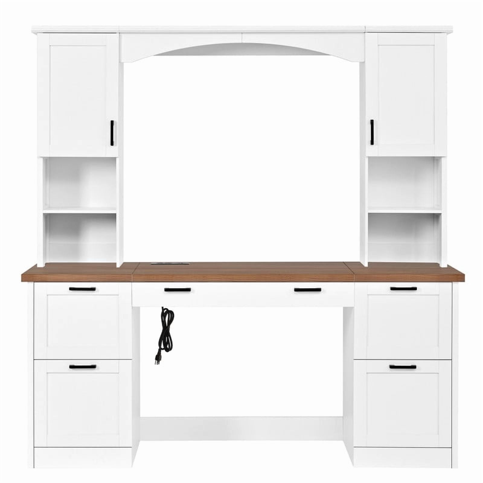Howcool 68.6"H Farmhouse Arched Computer Desk with Hutch, Workstation with Built-In Charging Station, Keyboard Tray, All-in-One Writing Desk with File Drawer for Home Office