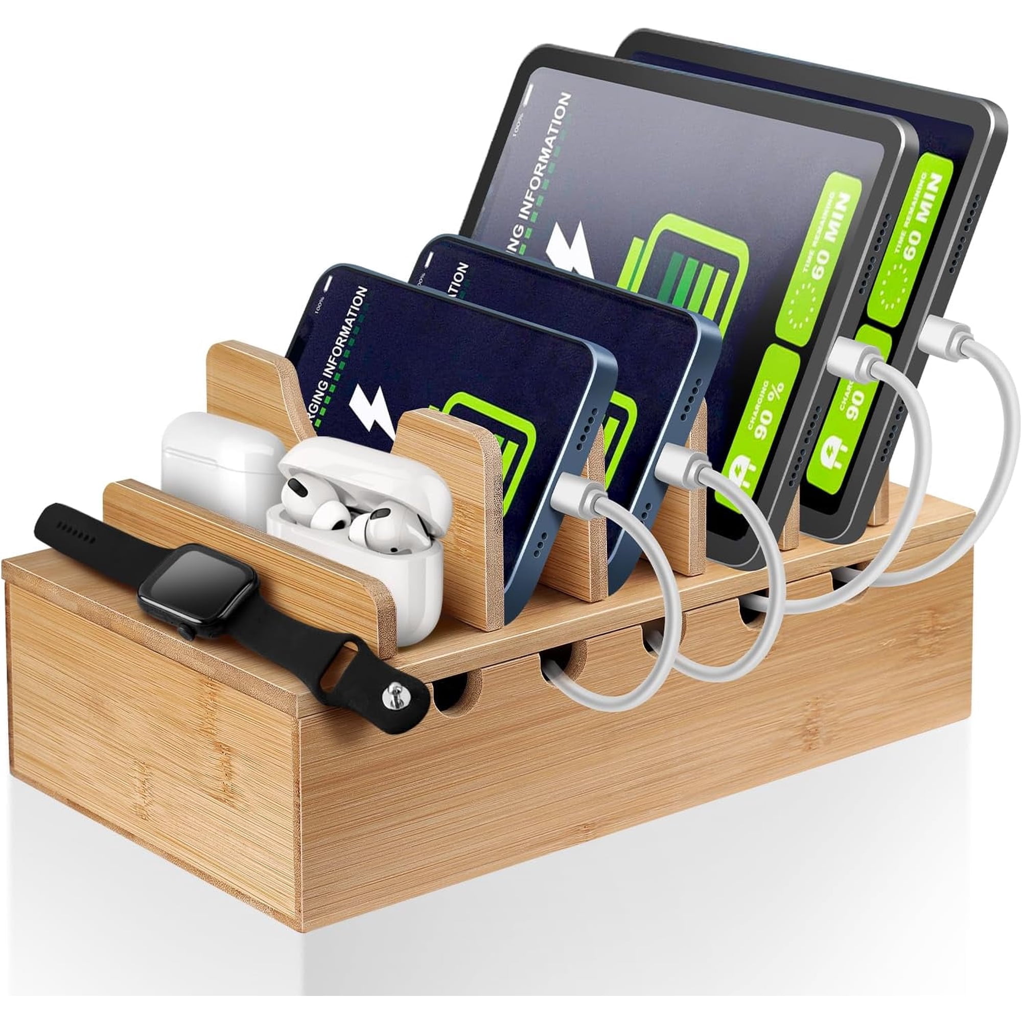 Bamboo Charging Station for Multiple Devices | Cell Phone Docking Charging Station Organizer, Nightstand Bedside Desk Device Charger Organizer for Laptop, Tablets and iPads