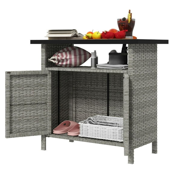 Wicker Outdoor Storage Cabinet, Patio Deck Storage with Doors & Shelf, Pool Towel Organizer, Weather Resistant, Gray