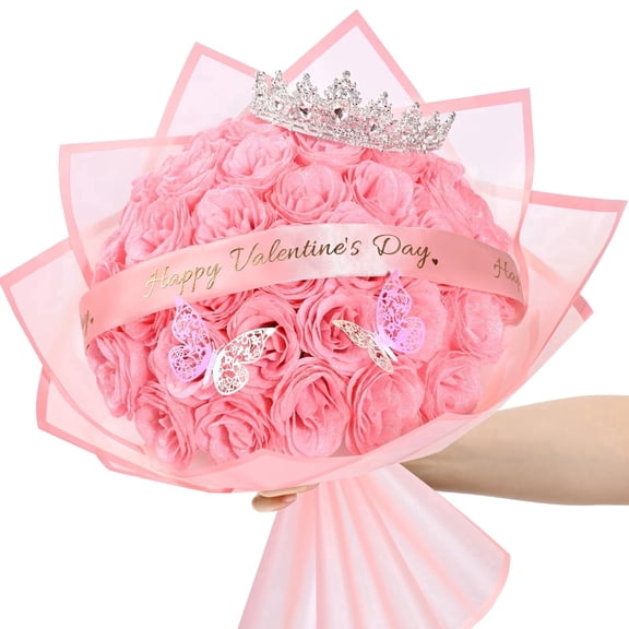 Yastouay Valentines Day Glitter Roses Bouquet,36pcs Pink Roses Artificial Flowers for Wedding Valentines Gifts for Her