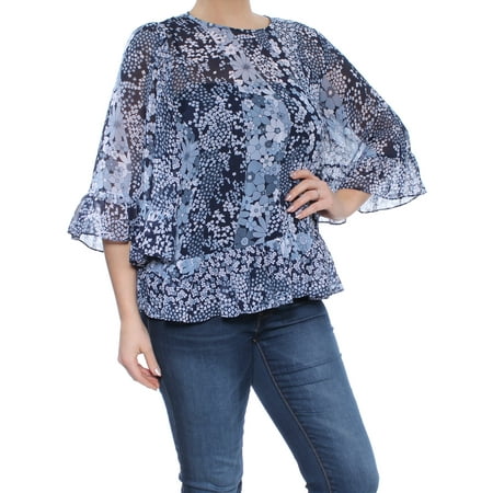 Chiffon Mix - MICHAEL KORS Womens Blue Chiffon Mixed Floral Bell Sleeve Jewel Neck Top Size: L