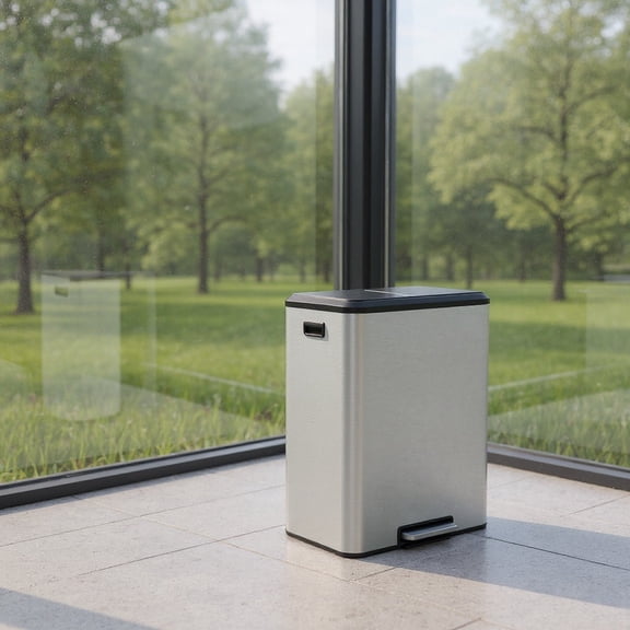 LEDREM 2 x 8 Gal Dual Compartment Step Trash Can , Soft-Close Lid , Inner Buckets , Waste Recycling Bin , Stainless Steel ,Metallic Silver