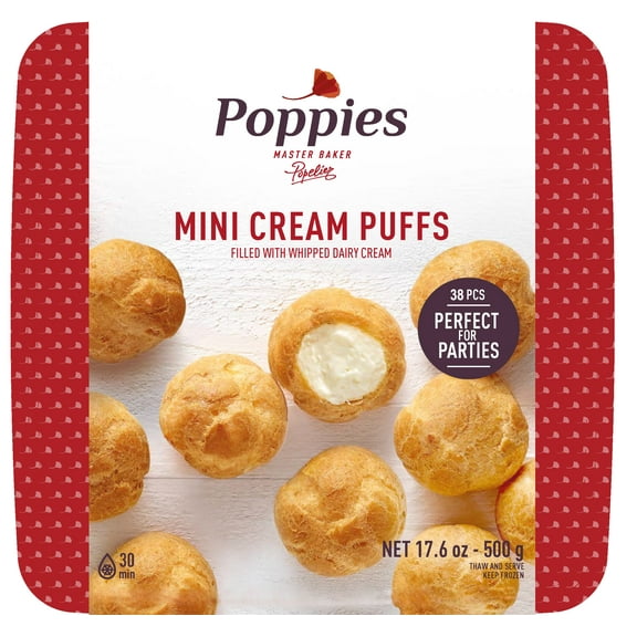 Poppies Mini Cream Puffs, Ready-to-Eat Pastry Filled with Rich Vanilla Dairy Cream, 17.6 oz (Frozen)
