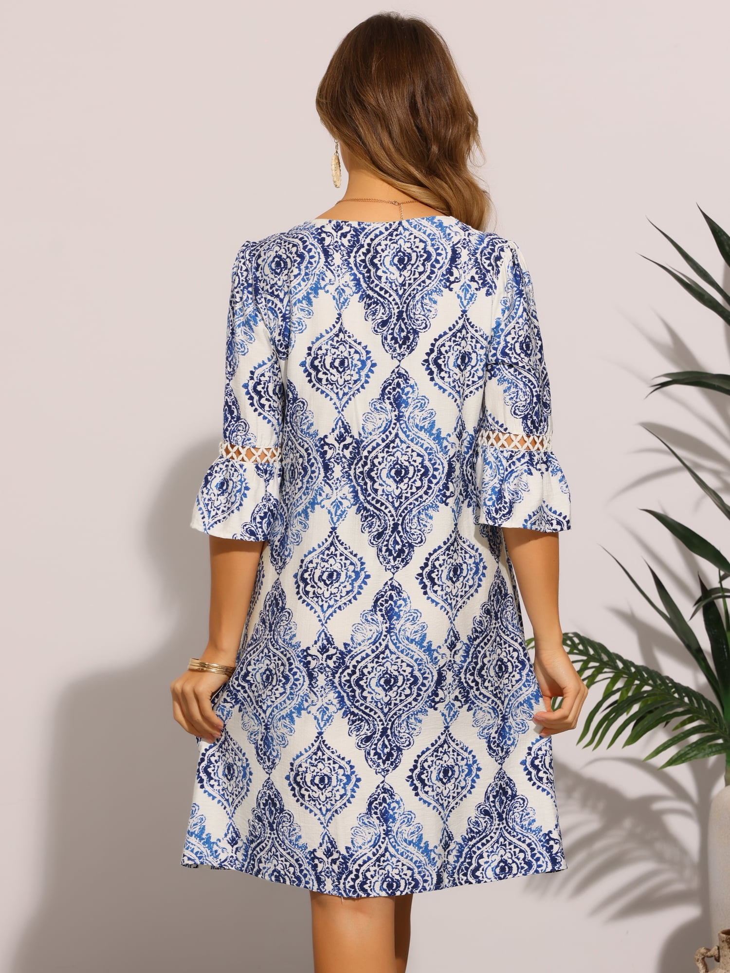 DARING DIVA Women's V Neck Bohemian Print 3/4 Sleeve A-Line Dress XS Blue