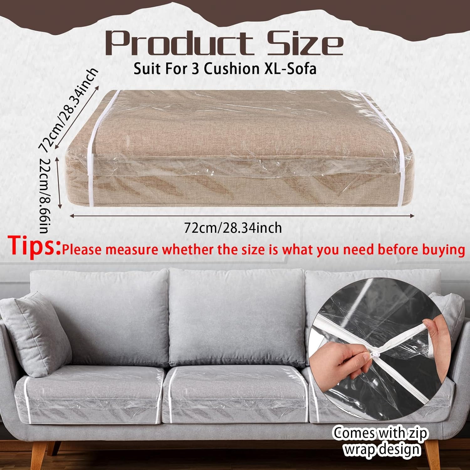 3Pcs 28x28x9 Inch Plastic Sofa Seat Cushion Covers, PVC Waterproof Couch Covers, Furniture Sofa Seat Slipcover for Against Cat Dog Clawing Scratching(Clear)