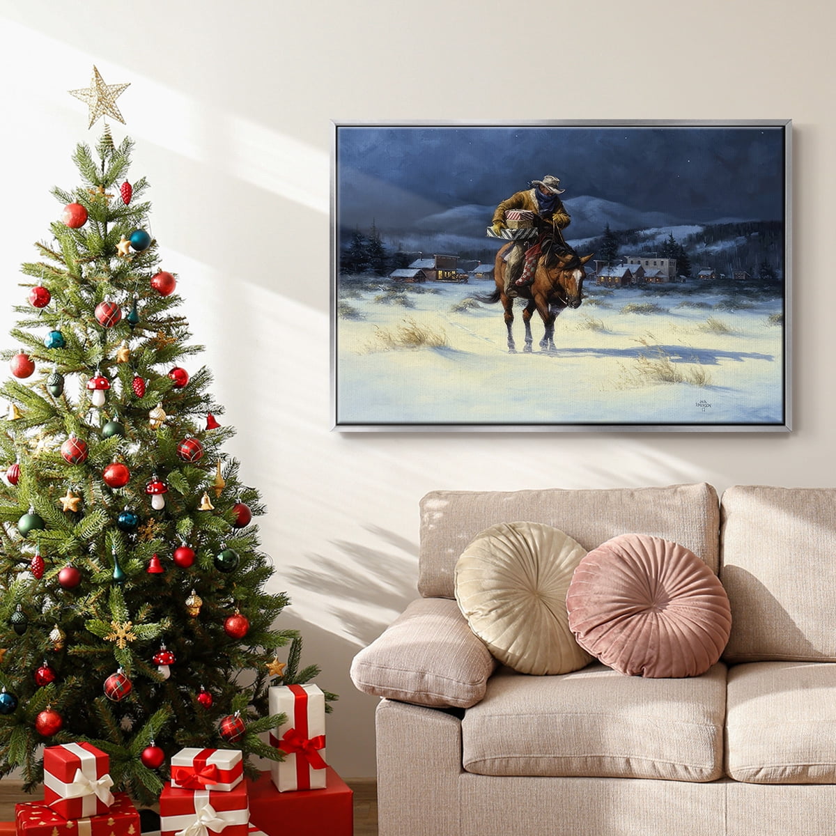 Bringing Christmas Home - Framed Gallery Wrapped Holiday Canvas - 27 x 41 - Silver Frame