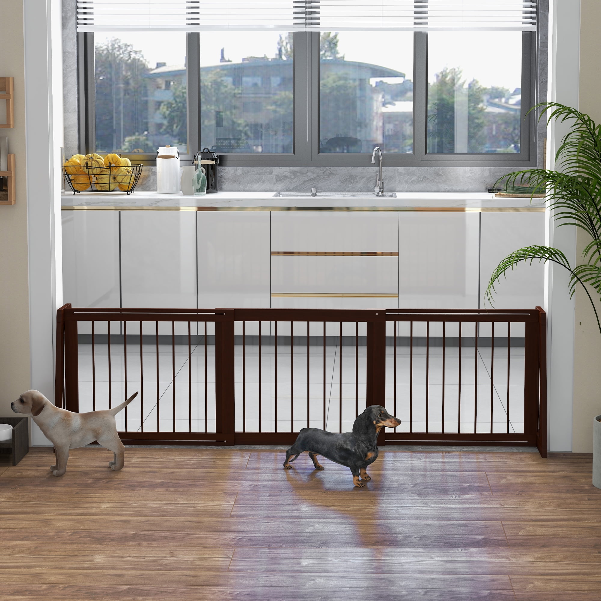 Freestanding Pet Gate, Wooden Dog Gate with 28"-75" Retractable Length, Support Feet, Non-Slip Mats, 3 Panel Pet Gate for Indoor, Stairway, Doorway, Brown