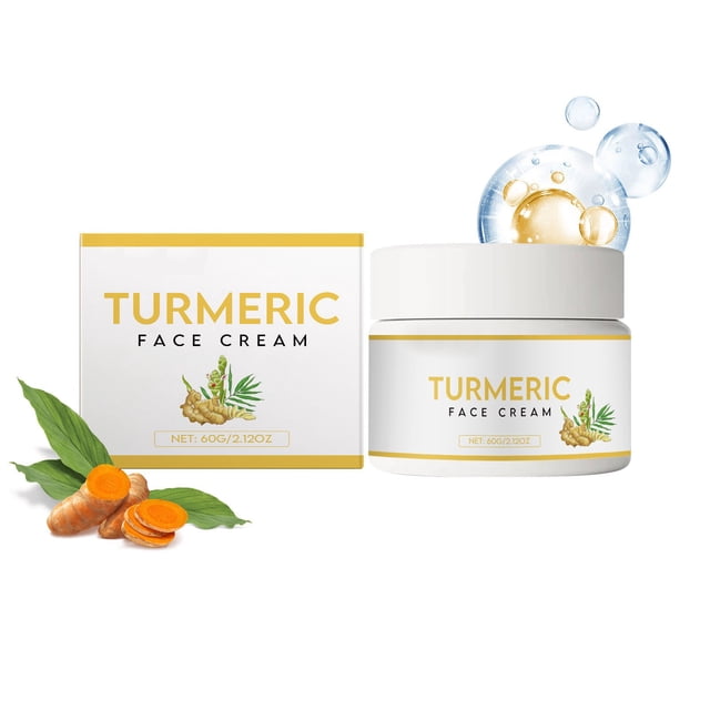 fiudx crema de cúrcuma, gel antioxidante reafirmante facial, suero iluminador control de grasa — frasco blanco cilíndrico con tapa blanca y etiqueta con borde amarillo que muestra TURMERIC FACE CREAM; caja a la izquierda con diseño blanco y amarillo, ilustraciones de raíz y rodajas de cúrcuma y hojas en primer plano y burbujas decorativas en el fondo, vista frontal centrada; apropiado para contorno de ojos y piel grasa, fórmula ligera.