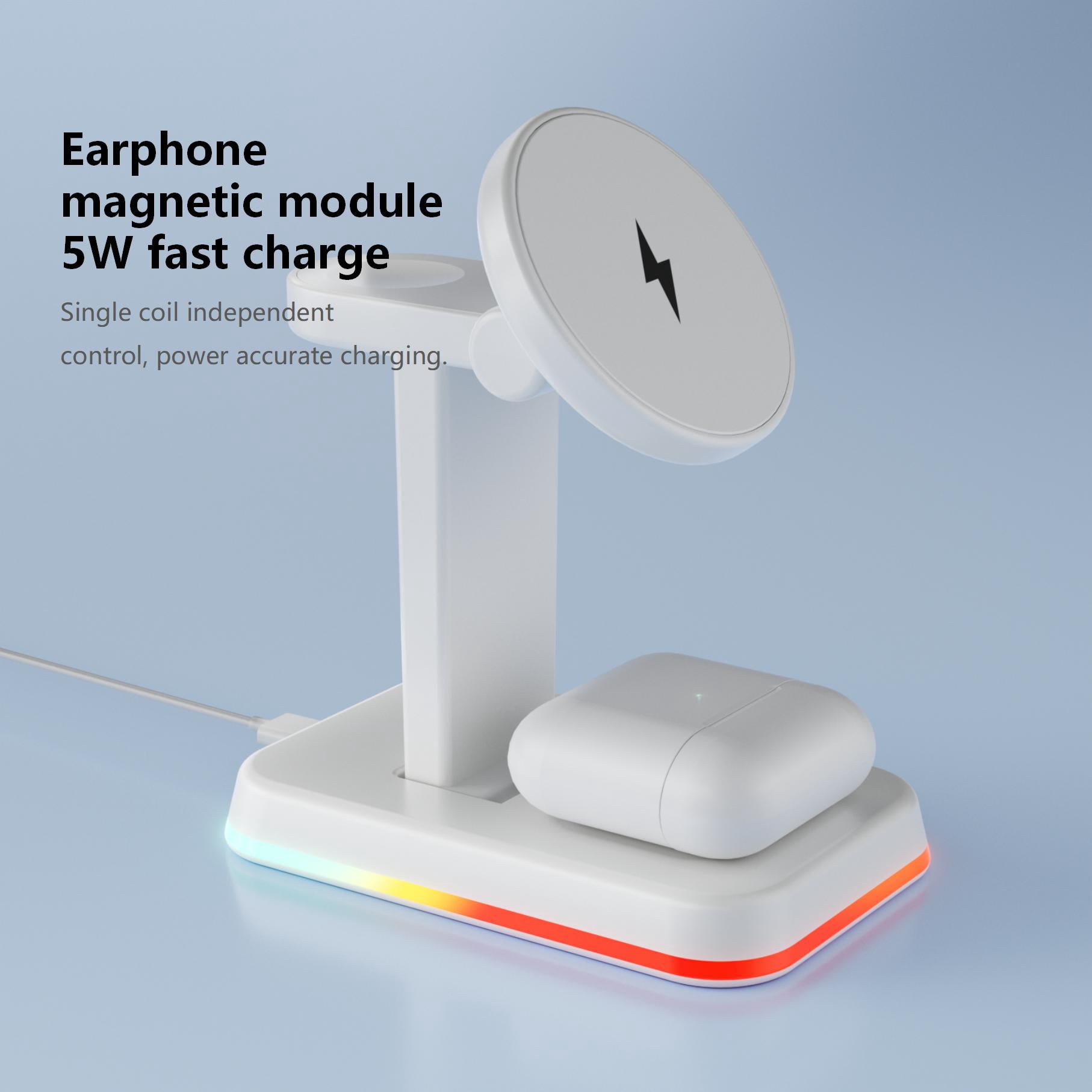 3‑in‑1 Magnetic Wireless Charging Station White, 15W Fast Charger for Phone Earbuds Watch, Foldable Adjustable Stand, USB‑C Cable Included