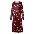 thumbnail image 4 of Women's Autumn Winter Casual Fashion V-Neck Long-sleeved Floral Print Long Dress, Burgundy, Size M, 4 of 5