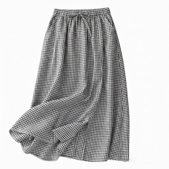 XUNKUSGA Skirts for Women Classic Plaid Elastic High Waist A Line Skirts Women with Drawstring Summer Cotton Linen Slit Swing Long Skirt with Pockets,Black,S