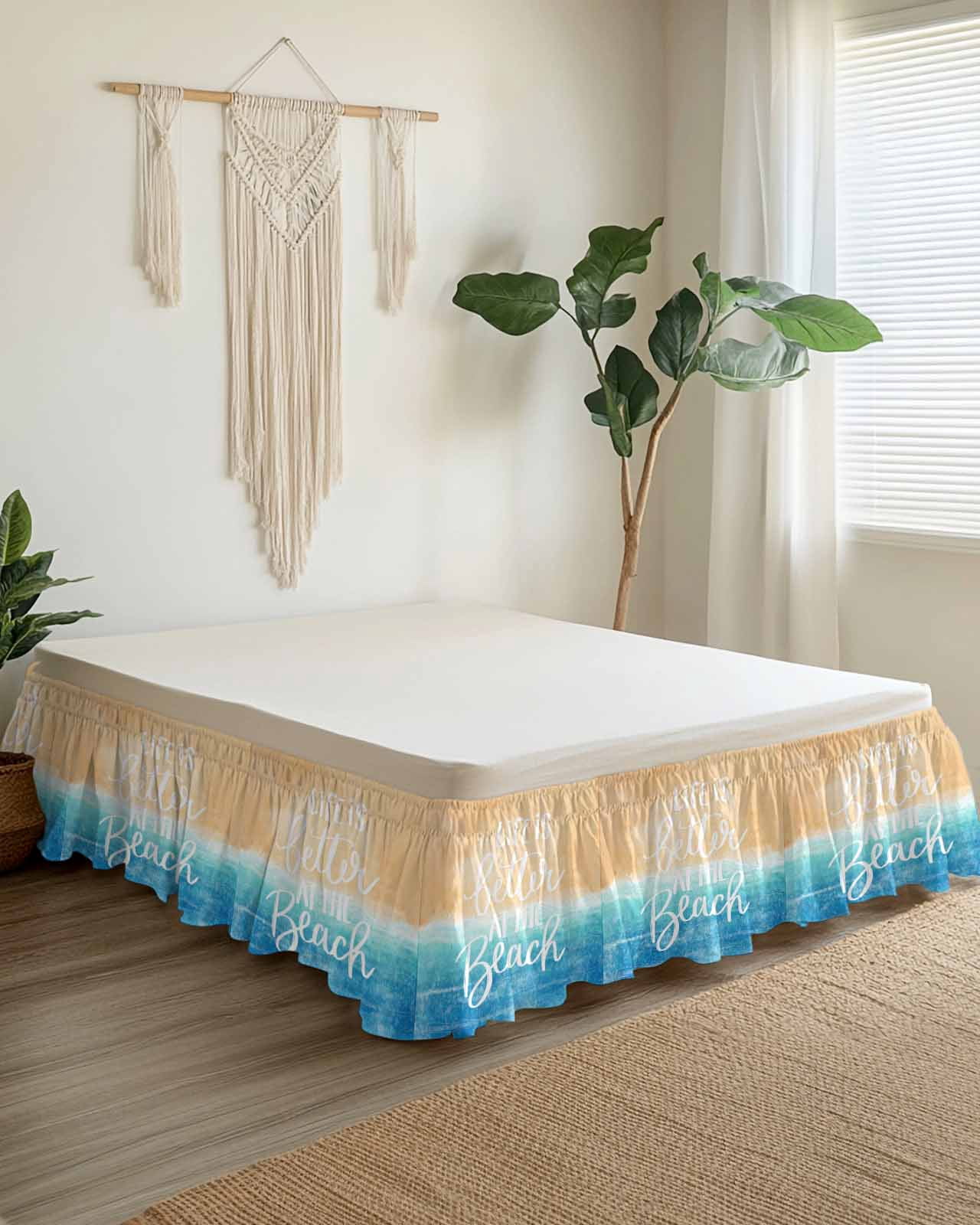 Blue Coastal Wrap Around Bed Skirts for Queen Bed 16" Drop, Bed Skirt with Adjustable Elastic Belt Dust Ruffle Bed Valance for Bedroom Hotel Luxury Life Is Better At The Beach Beach Bed Frame Cover