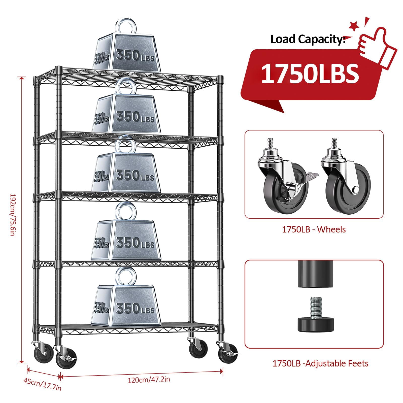 IZEUK 5-Tier Adjustable Wire Shelving Unit with Wheels, Heavy Duty Storage Rack for Garage, 47.2"W x 76.7"H x 17.7"D, Black