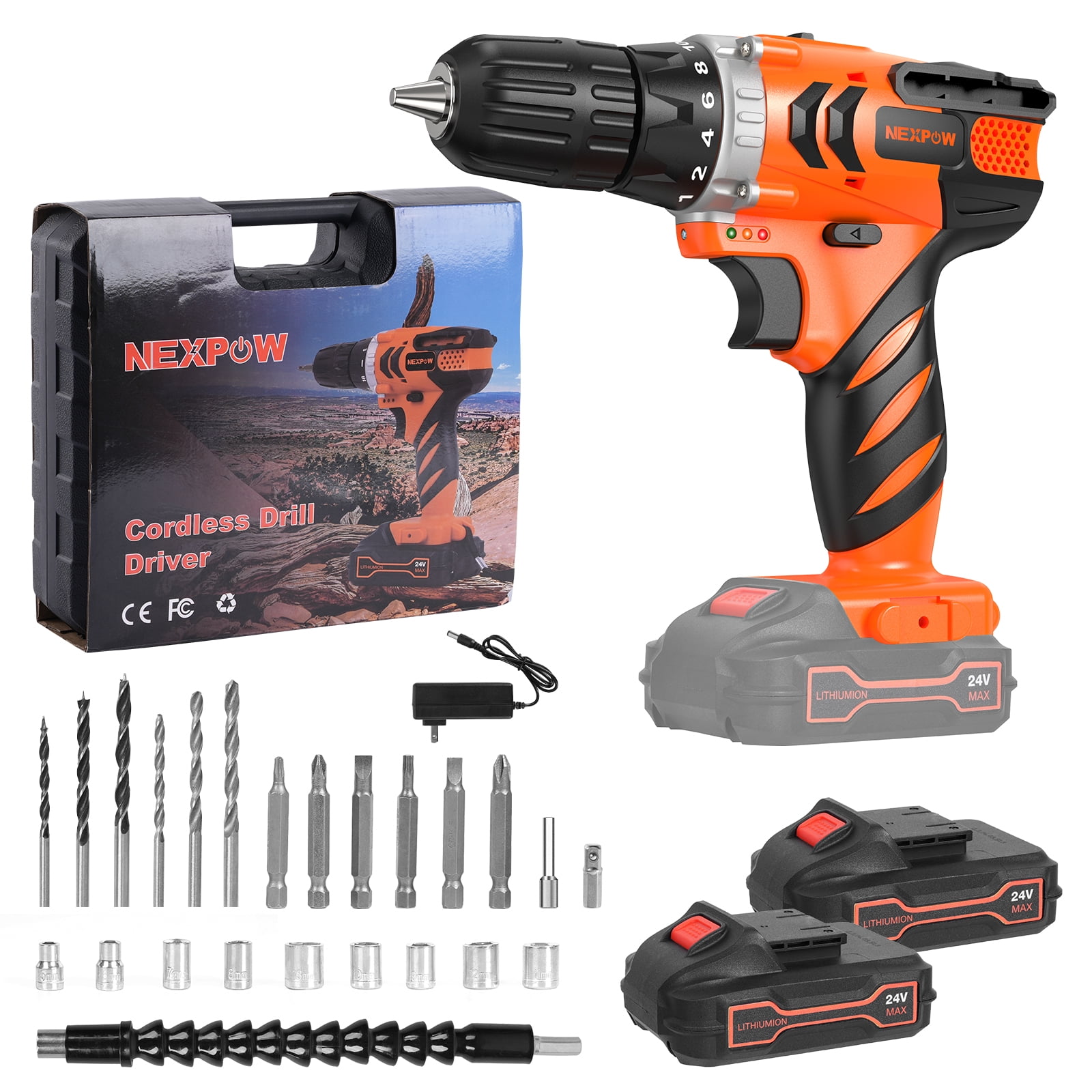 NEXPOW 24V Cordless Drill-Brushless Power Drill Set, 3/8" Keyless Chuck,18+1 Position Electric Drill, 2-Speed Transmission Tool Drill with 2Battery&Fast Charger