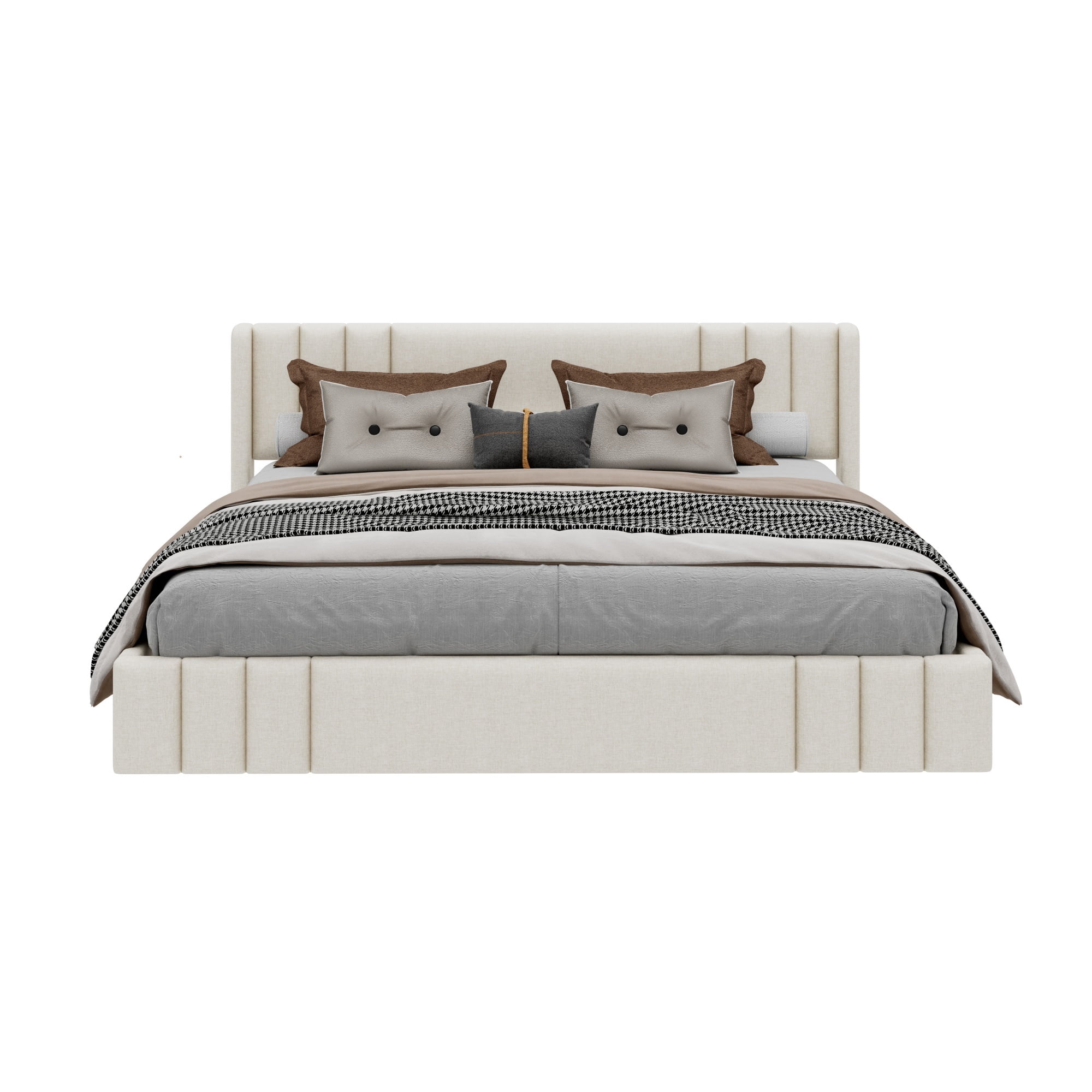 Euroco King Size Upholstery Platform Bed with Headboard, No Box Spring Needed, Beige
