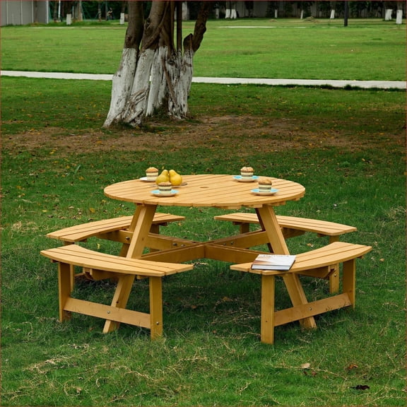 Patio Rustic 8-Person Round Picnic Table, 4 Built-in Benches Umbrella Hole for Backyard Porch | Natural | Wood