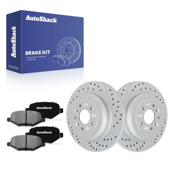 AutoShack Rear Solid Drilled & Slotted Coated Brake Rotors Silver Matte Finish   Ceramic Pads 6-PC Brake Kit Replacement for 2011-2019 Ford Explorer 2011-2014 Ford Edge TurboGuard 13.02" (330.6 mm)