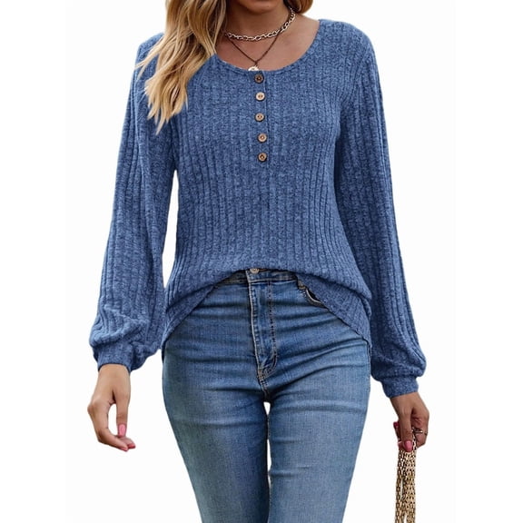 Button Up Sweater for Women Fall Knit Pullover Sweaters Long Sleeve Henley Shirts Crewneck Tunic Tops Blue XXL