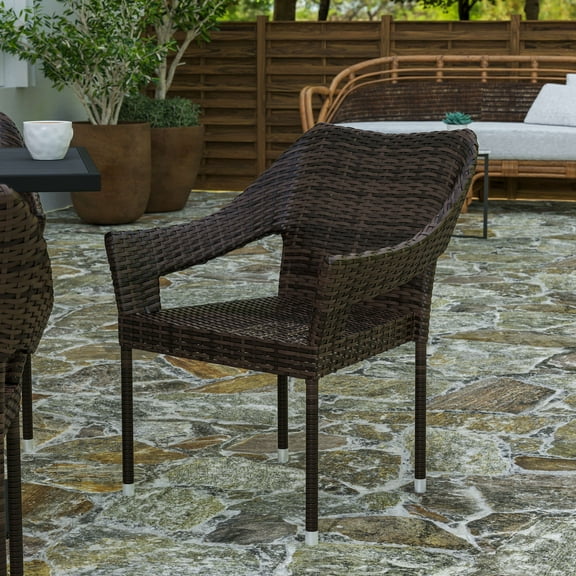 Merrick Lane Weather Resistant Indoor/Outdoor Stacking Patio Dining Chair with Steel Frame and PE Rattan - Espresso