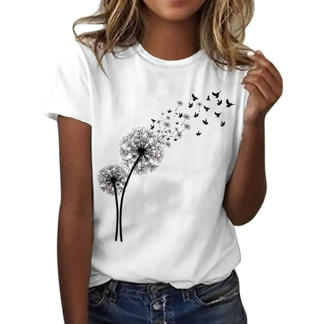 Blusas de Manga Corta para las Mujeres Divertida Impresión Cuello Redondo Camiseta Vintage, Blusas de Primavera para las Mujeres