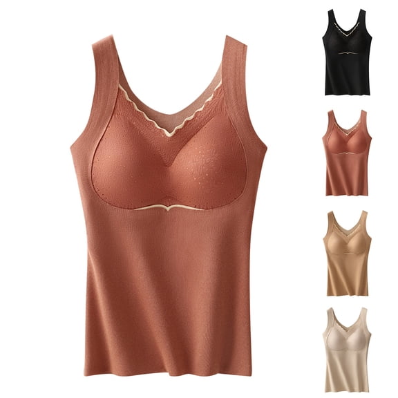 Lovskoo 2024 Women's Winter Thermal Fleece Lined Underwear Tops Cami Tank Top Self-Heating Lace Seamless Fleece Bottoming Cold-Proof Warm Base Layer Vest Beige