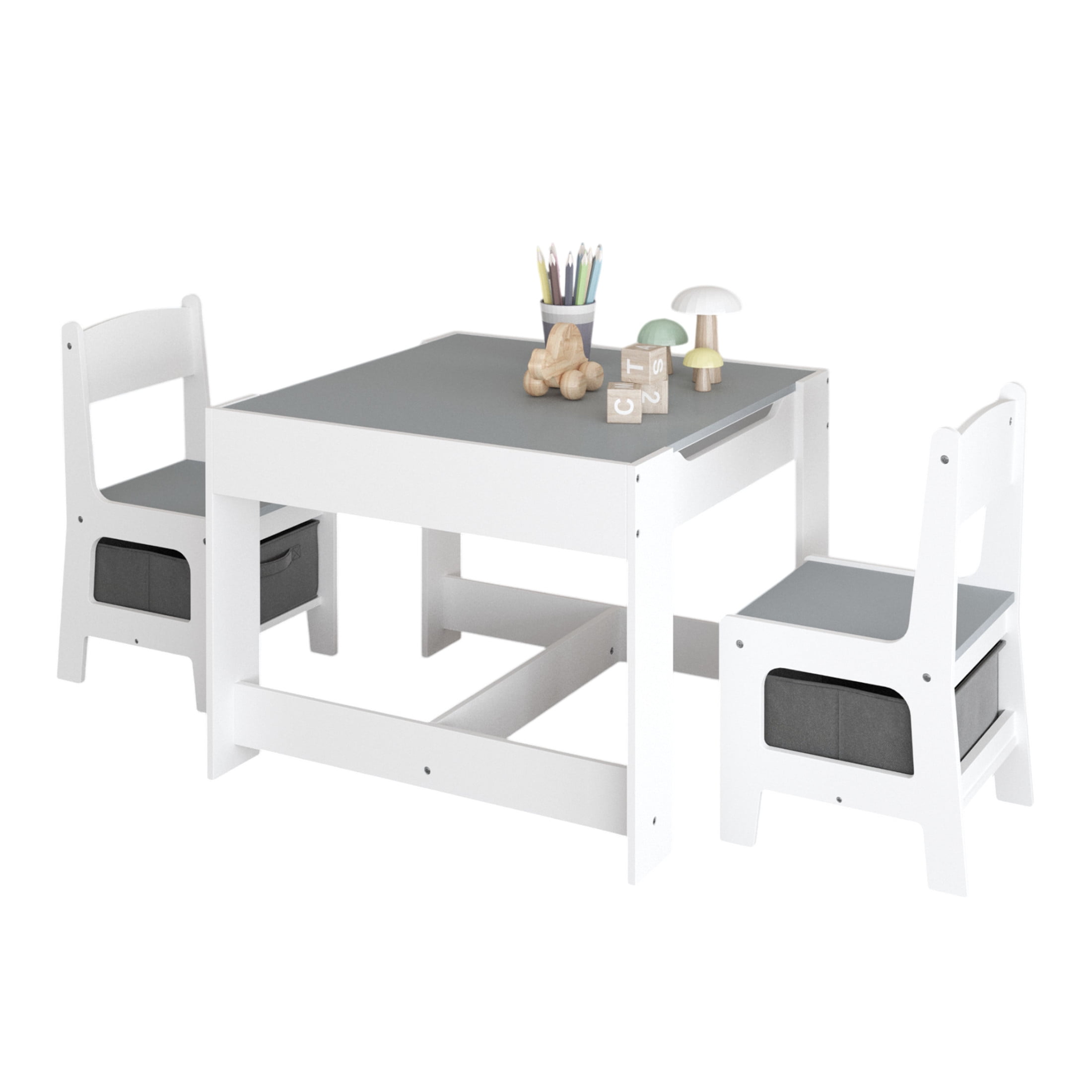 Noble House 3-in-1 Kids Wooden Activity Table and 2 Chairs Set, Reversible Blackboard Top with Storage Drawer, White