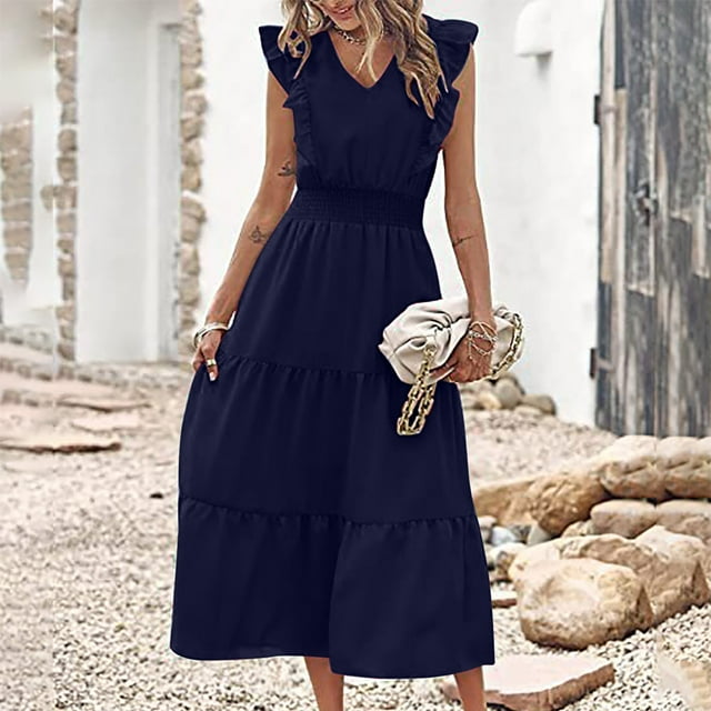 EGNMCR Robes de Vacances pour Femmes Mode Printemps, Été et Décontracté Col en V Manches Courtes Robe Unie