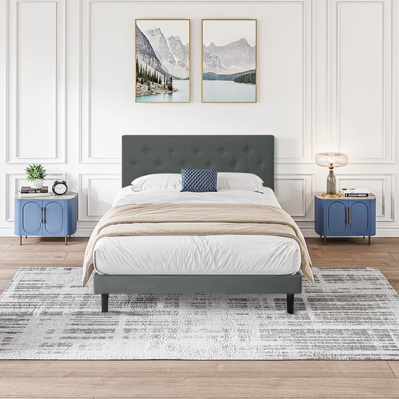 Twin Size Upholstered Platform Bed Frame with Modern Button Tufted Linen Headboard
