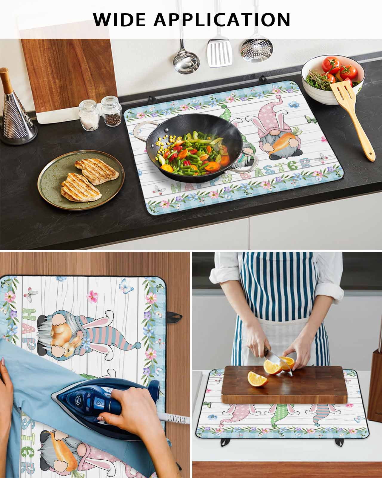 Large Induction Cooktop Protector Mat Easter Stove Top Covers for Electric Stove, Farmhouse Gnomes Flowers Rabbit Eggs Check Wooden Decorative Stove Burner Cover Mats, Glass Top Stove Cover