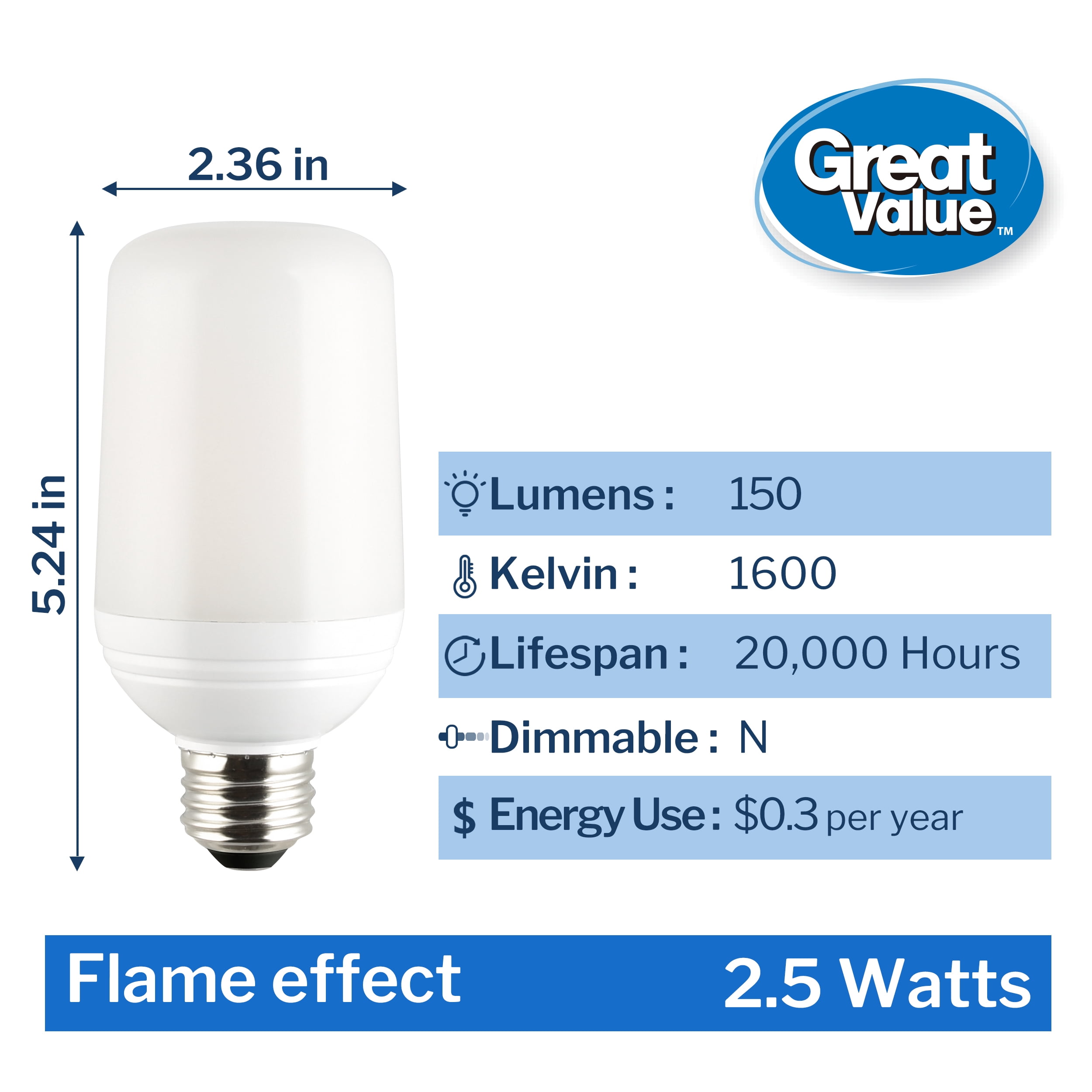 Great Value T20 Cylinder Flame Effect LED Light Bulb, 4-Watt, E26 Medium Base (1-Pack)
