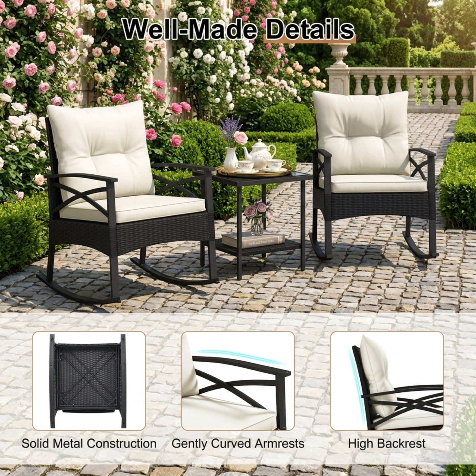 Furnibear Outdoor Metal Outdoor Rocking Chair for Porch Deck Balcony Natural/Black Finish 100 lbs Weather-Resistant Outdoor Furniture