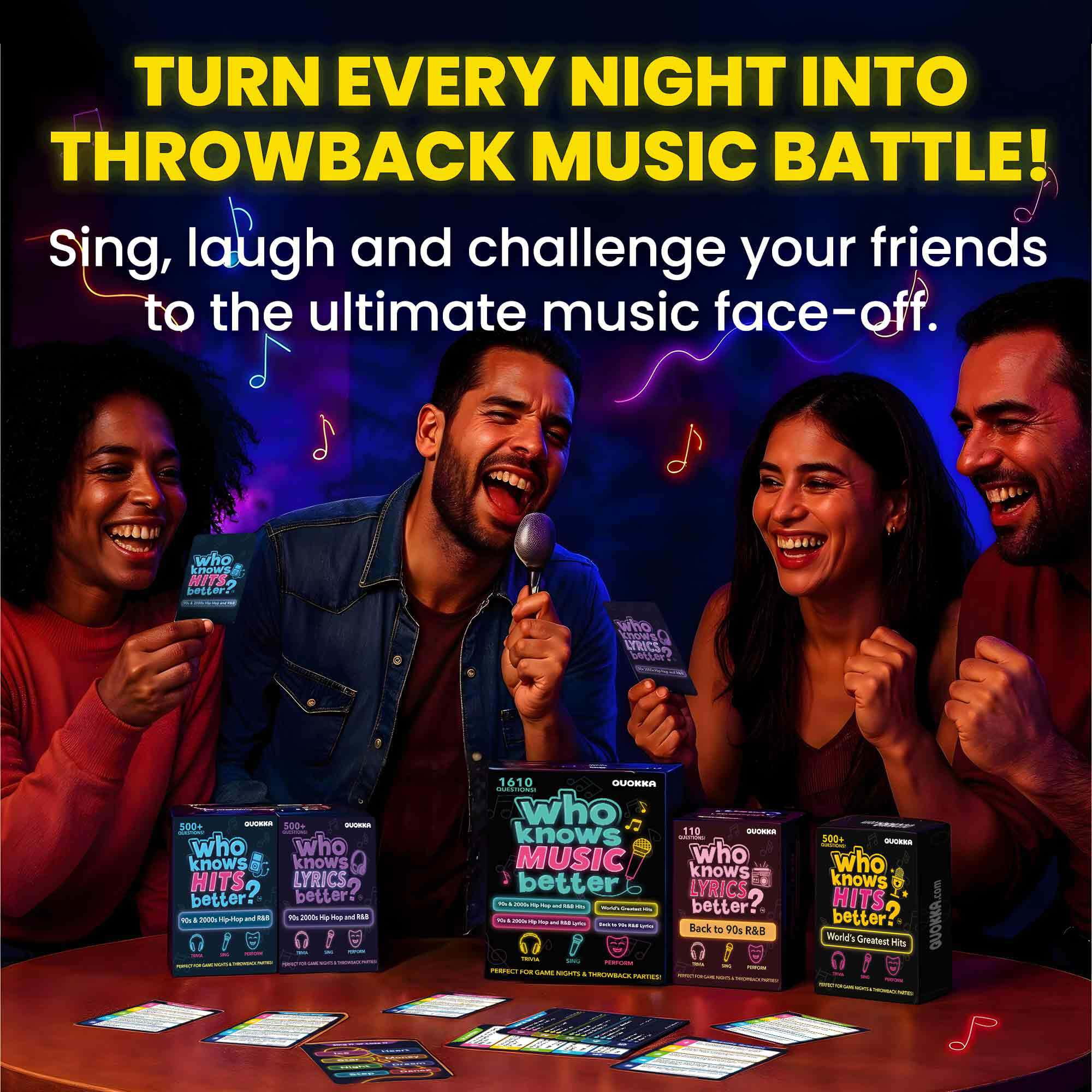 QUOKKA Card Game for Adults - Who Knows Music Better? Card Games - 4 Pack Ultimate Music Game Box