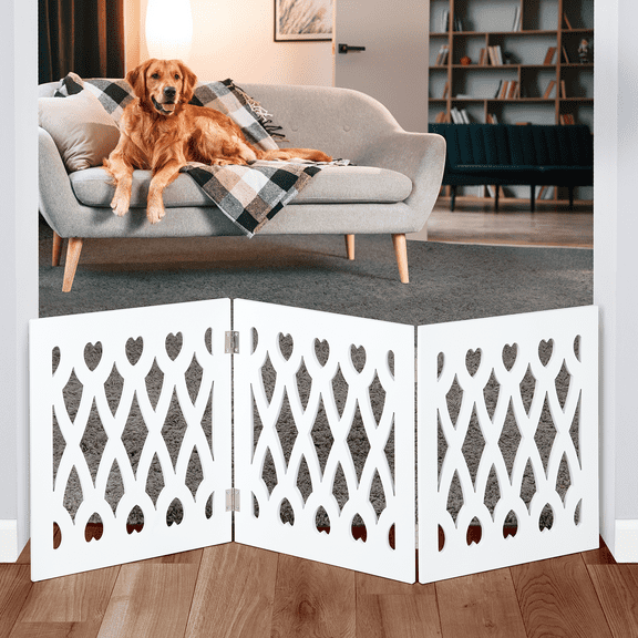 Bundaloo Freestanding Dog Gate Expandable Decorative Wooden Fence for Small to Medium Pet Dogs, Barrier for Stairs, Doorways, & Hallways
