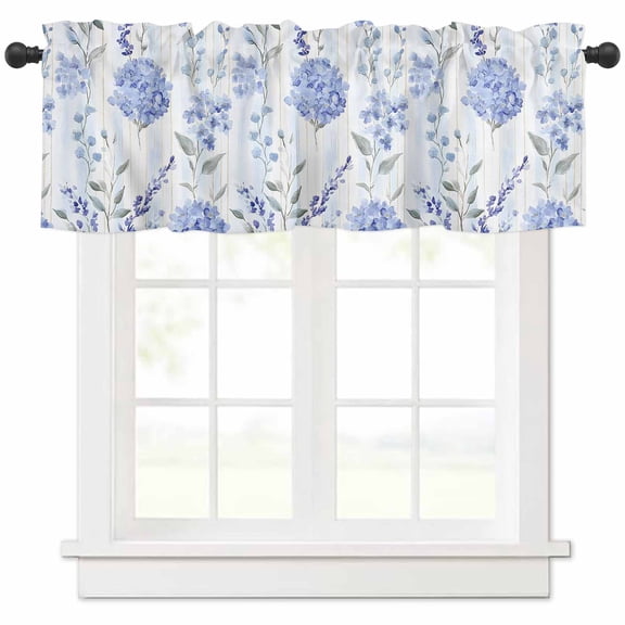 nqOlkjepod Hydrangea Leaves Farmhouse Short Window Curtain Valances, Blue Striped Botanical Floral Rod Pocket Kitchen Valances for Living Room Bedroom Bathroom Cafe, 1 Panel - 60" x 18"