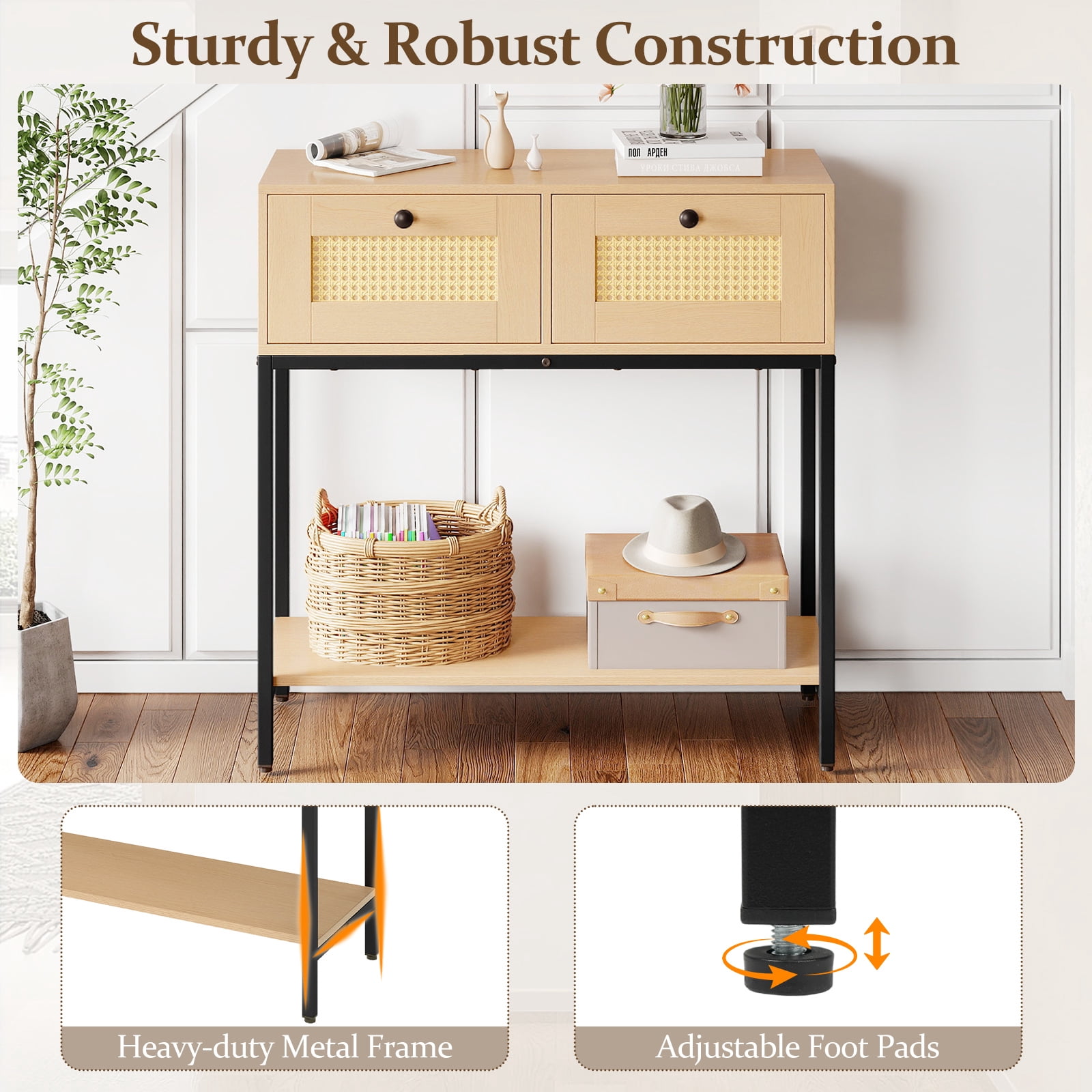 Gymax Console Table Entryway Table Long Sofa Side Table w/ Open Shelf & Rattan Drawers