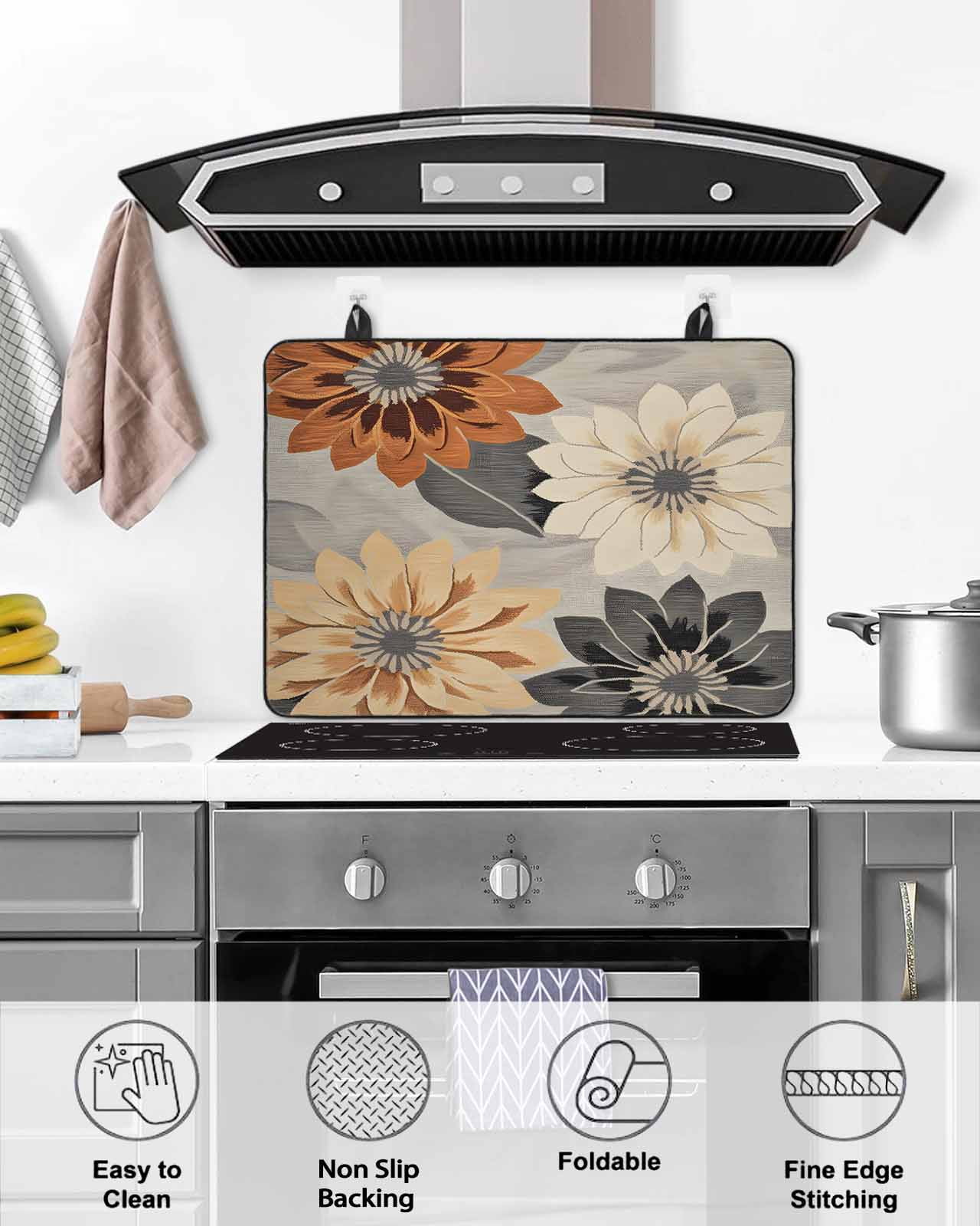 nqOlkjepod Large Induction Cooktop Protector Mat 36"x21", Burnt Orange Grey Black Flower Stove Top Covers for Electric Stove, Spring Floral Botanical Stove Burner Cover Mats, Glass Top Stove Cover
