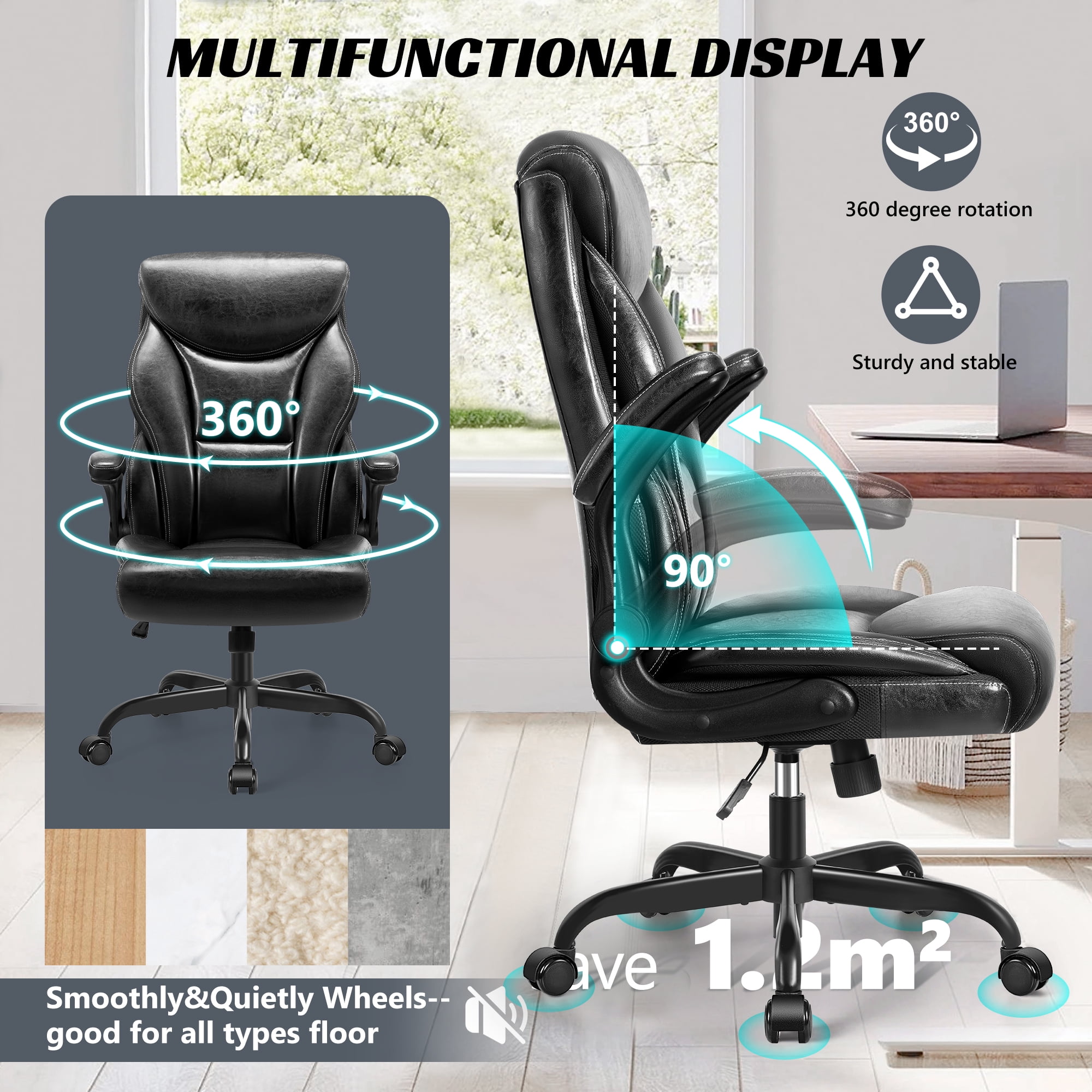 ATHOPE Executive Office Chair, Leather Office Chair with High Back Flip Up Armrests, Height Adjustable Comfy Desk Chair with Wheels, Ergonomic Computer Chair, Black