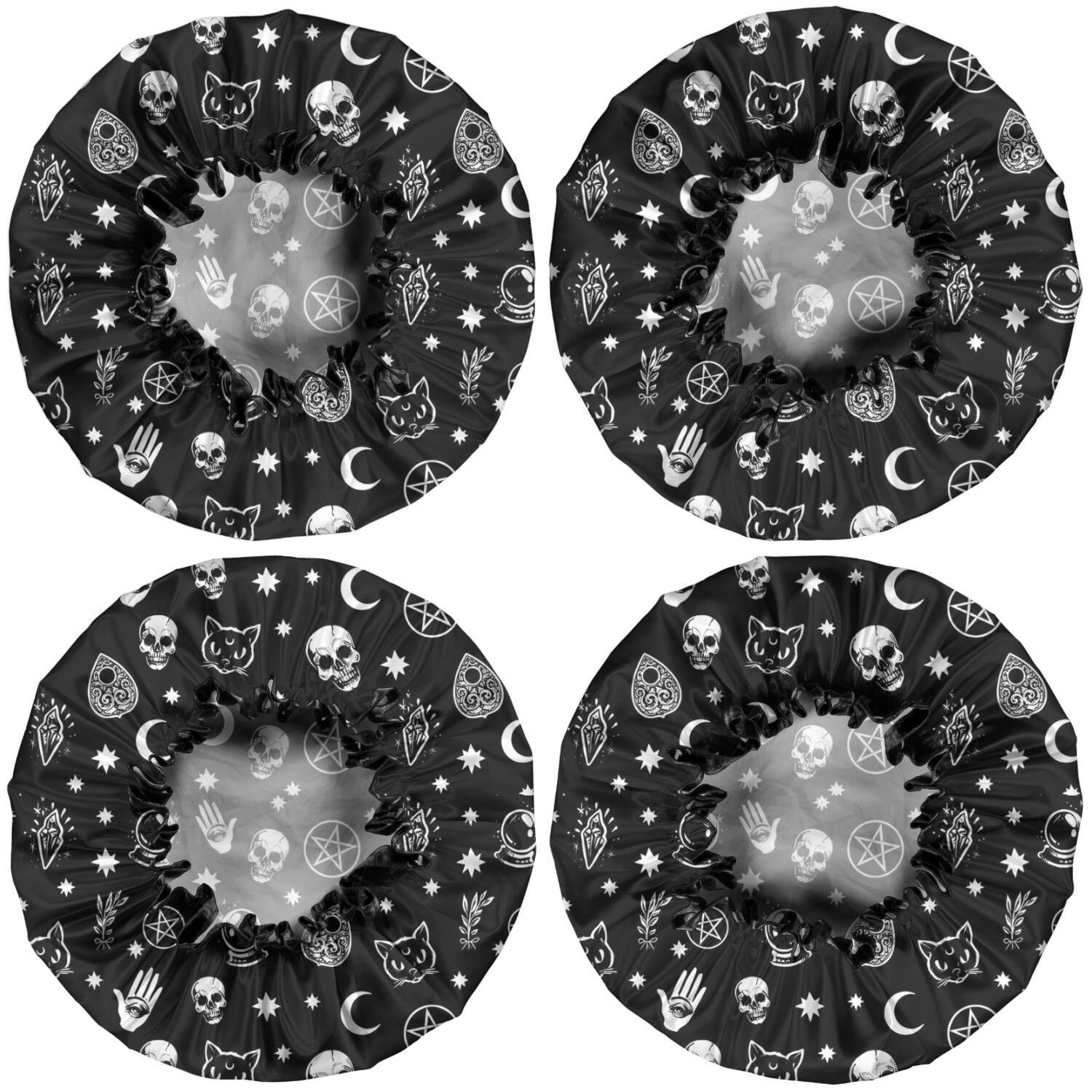 Shower Caps,Black Gothic Skull Star Pattern Waterproof Shower Cap for Women 4 Pieces,Double Reusable Hair Cover for Shower PEVA Elastic Stretch Hem